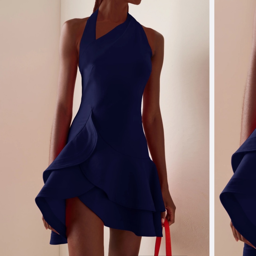 Navy Halter Sleeveless Ruffled A-Line Mini Dress
